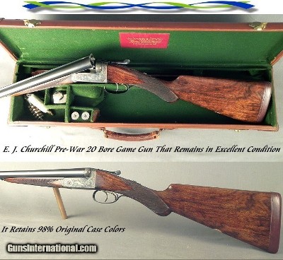 CHURCHILL 20 PRE-WAR- EXC PLUS COND- 98% ORIG CASE COLORS- 95% ENGRAVING OVERAGE- MADE in 1928- BOXLOCK EJECT with THIRD BITE Bbls.- ORIG 2 3/4