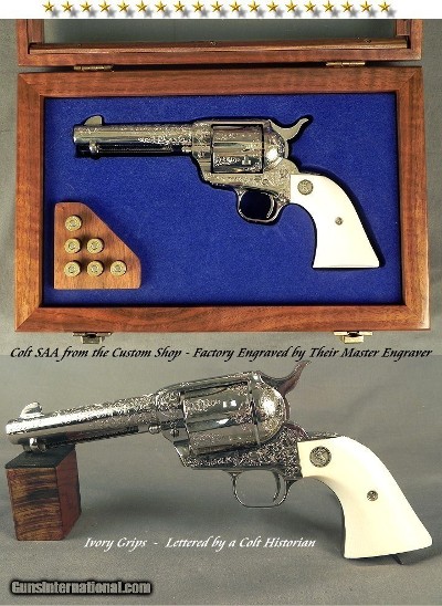 COLT .45 FACTORY ENGRAVED from COLT'S CUSTOM SHOP with 80% COVERAGE by COLT MASTER ENGRAVER ROBERT BURT- FACTORY IVORY GRIPS- NICKEL FINISH- UNFIRED