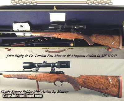RIGBY 375 H&H- DOUBLE SQUARE MAUSER M98 MAG ACTION- SUPERB FLOORPLATE ENGRAVING- EXC WOOD- SWAROVSKI w/ QD PIVOT MOUNTS- BUILT in 2015- OVERALL 97%