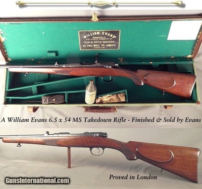EVANS 6.5 x 54 MS PRE-WAR TAKEDOWN CASED- A 1903 MANNLICHER RIFLE FINISHED & SOLD by EVANS- LONDON PROVED- NEVER DRILLED or TAPPED- ORIG TRUNK CASE