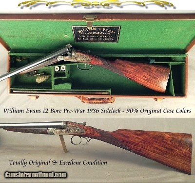 EVANS 12 BORE PRE-WAR 1936 TOTALLY ORIG SIDELOCK EJECT - 90% ORIG CASE COLORS - 28