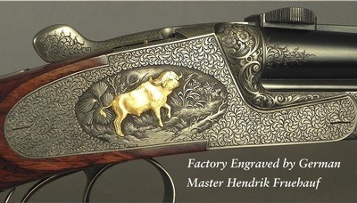 HEYM 375 H&H SIDELOCK MODEL 88 B DELUXE with GOLD INLAYS - LIKE BUYING it NEW - UPGRADE WOOD - 100% HAND CUT ENGRAVING by MASTER HENDRIK FRUEHAUF-SOLD - Image 2 of 7