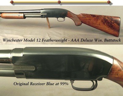 WINCHESTER MODEL 12 FEATHERWEIGHT with a AAA DELUXE WINCHESTER CHECKERED BUTTSTOCK -OVERALL ORIG BLUE at 99% -THE WOOD at 97% -TOTALLY APPEARS UNFIRED