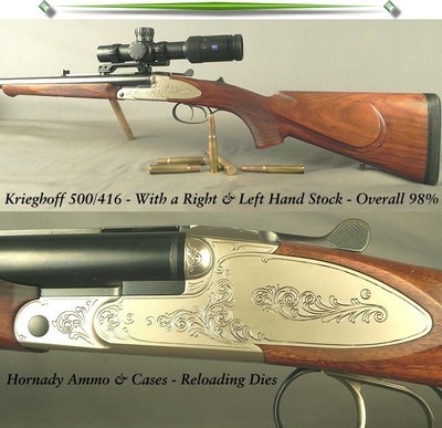 KRIEGHOFF 500/416 - FACTORY RIGHT & LEFT HAND STOCKS - HORNADY AMMO-CASES - C&H DIES - QD PIVOT MOUNTS - ZEISS SCOPE - OVERALL 98% CONDITION - SOLD - Image 1 of 5