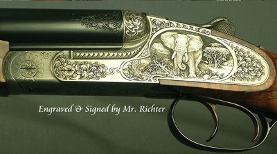 HEYM 470 N.E. SIDELOCK MODEL 88 B DELUXE with GAME SCENES - LIKE BUYING it NEW - UPGRADED WOOD - 90% HAND CUT ENGR with AN ELEPHANT TOP LEVER - SOLD - Image 8 of 9