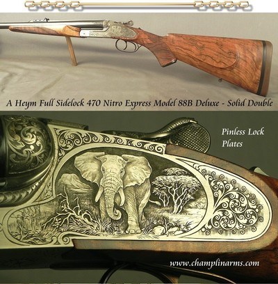 HEYM 470 N.E. SIDELOCK MODEL 88 B DELUXE with GAME SCENES - LIKE BUYING it NEW - UPGRADED WOOD - 90% HAND CUT ENGR with AN ELEPHANT TOP LEVER - SOLD - Image 1 of 9