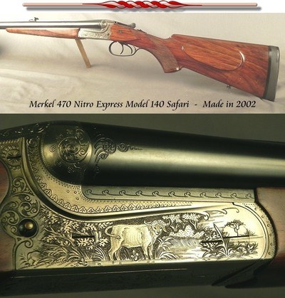 MERKEL 470 N. E. MODEL 140 SAFARI - GAME SCENE ENGRAVING - LIKE BUYING NEW - MADE in 2002 - 23 1/2
