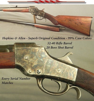 HOPKINS & ALLEN - ALMOST LIKE NEW - 99% CASE COLORS - 32-40 & 20 BORE 2 Bbl. SET - ALL #'s MATCH - BORES as NEW - RIFLE BLUE 97% - SHOT BLUE 96%-ORIG.