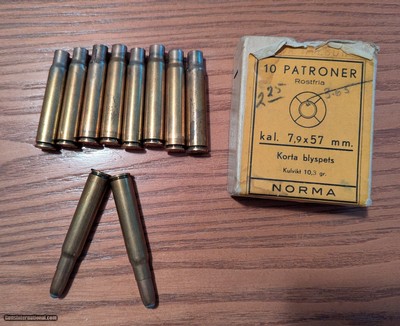 Collectible Norma 7.9X57mm (8X57J) 0.318 inch 2 NOS cartridges and 8 Once-fired cases in Box