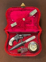 Wild West Saloon Madam's Lady of the Night Cased Engraved .22 Pocket Revolver Knife & Accs RARE 1870's Ladies' Pearl Pistol Dagger Set