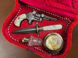 Wild West Saloon Madam's Lady of the Night Cased Engraved .22 Pocket Revolver Knife & Accs RARE 1870's Ladies' Pearl Pistol Dagger Set - 4 of 14