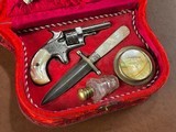 Wild West Saloon Madam's Lady of the Night Cased Engraved .22 Pocket Revolver Knife & Accs RARE 1870's Ladies' Pearl Pistol Dagger Set - 3 of 14
