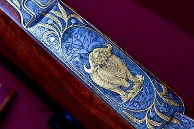 INCREDIBLE DUMOULIN DOUBLE SQUARE BRIDGE MAUSER IN .375 HH -- MAGNUM ACTION -- 24K GOLD ENGRAVED -- ALL FACTORY OPTIONS - Image 15 of 20