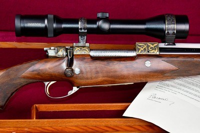 INCREDIBLE DUMOULIN DOUBLE SQUARE BRIDGE MAUSER IN .375 HH -- MAGNUM ACTION -- 24K GOLD ENGRAVED -- ALL FACTORY OPTIONS - Image 3 of 20