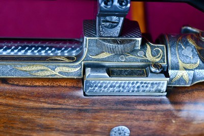 INCREDIBLE DUMOULIN DOUBLE SQUARE BRIDGE MAUSER IN .375 HH -- MAGNUM ACTION -- 24K GOLD ENGRAVED -- ALL FACTORY OPTIONS - Image 11 of 20