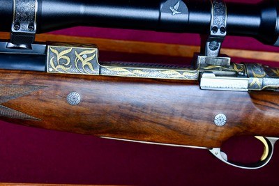 INCREDIBLE DUMOULIN DOUBLE SQUARE BRIDGE MAUSER IN .375 HH -- MAGNUM ACTION -- 24K GOLD ENGRAVED -- ALL FACTORY OPTIONS - Image 6 of 20