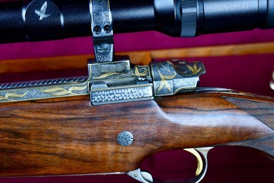 INCREDIBLE DUMOULIN DOUBLE SQUARE BRIDGE MAUSER IN .375 HH -- MAGNUM ACTION -- 24K GOLD ENGRAVED -- ALL FACTORY OPTIONS - Image 7 of 20