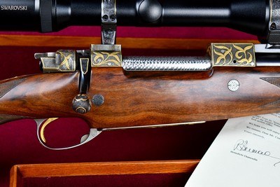 INCREDIBLE DUMOULIN DOUBLE SQUARE BRIDGE MAUSER IN .375 HH -- MAGNUM ACTION -- 24K GOLD ENGRAVED -- ALL FACTORY OPTIONS