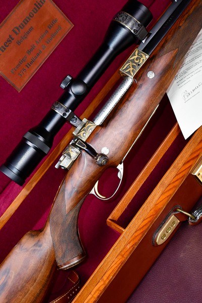 INCREDIBLE DUMOULIN DOUBLE SQUARE BRIDGE MAUSER IN .375 HH -- MAGNUM ACTION -- 24K GOLD ENGRAVED -- ALL FACTORY OPTIONS