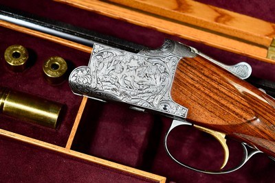 INCREDIBLE 1965 BROWNING SUPERPOSED DIANA GRADE 20GA 2 BARREL SET -- JOSE BAERTEN ENGRAVED -- MARVIN HUEY CASED - Image 2 of 19