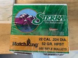 SIERRA MATCHKING 22 CAL 52GR. HPBT 500 BULLETS NEW IN BOX - 1 of 1