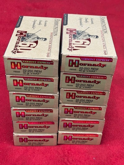 Hornady V-MAX 22-250 Rem 40 Gr, 50 Gr, & 55 Gr Ammo........ 240 Rounds