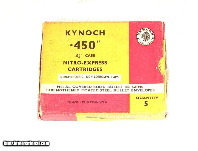 BOX OF KYNOCH .450- 3 1/4" NITRO-EXPRESS CARTRIDGES
{SEALED}