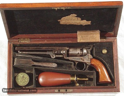 COLT MODEL 1849 POCKET REVOLVER SOLD BY THE LONDON AGENCY IN IT'S ORIGINAL FACTORY BOX WITH ACCESSORIES
