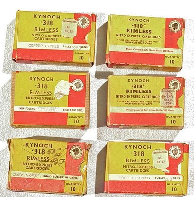 6 BOXES OF PERIOD KYNOCH .318 RIMLESS 10 COUNT CARTRIDGES