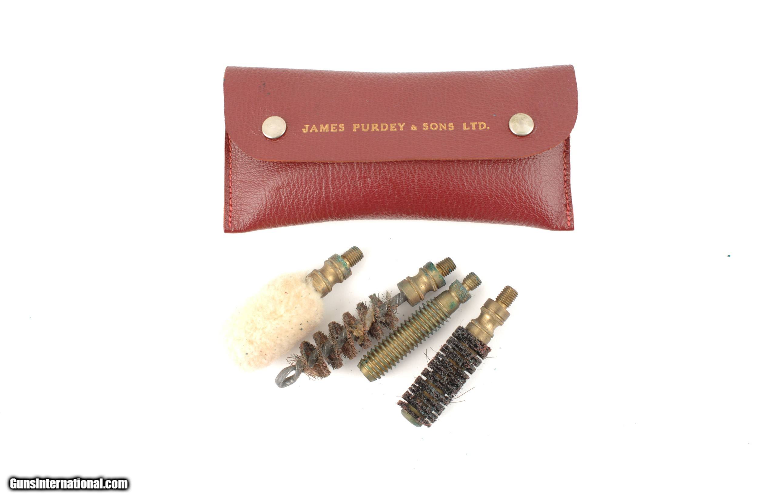 PURDEY VINTAGE 12 GAUGE CLEANING KIT IN LEATHER POUCH