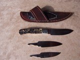 Engraved, gold line work, Stag Handle Interchangeable Blade Custom Hand Made Knife with 3 Blades - 2 of 8