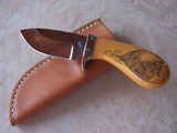 Ray Beers Palm Handle Knife with Scrimshaw of Leopard, Included Leather Sheath, Vintage 1980s - 1 of 7