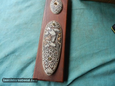 Exceptional Ivory Engraved Shrimshaw Shotgun Butt-Plate and Pistol Grip Cap
