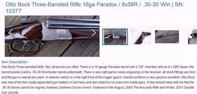 Otto Bock Triple Barrel 3 Caliber Rifle = 16ga Paradox + 8x58R Sauer + 30-30 Win - Image 7 of 15