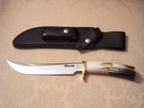RANDALL MODEL # 4-7" BIG GAME AND SKINNER SELECTED SAMBAR STAG ANTLER HANDLE SINGLE BRASS GUARD BLACK LEATHER SCABBARD BRASS NAME PLATE 1991 - 4 of 8