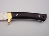 Jean Tanazacq custom made
full tang constructed model " RIEZE" Black micarta handle, single brass guard, brown leather scabbard, - 5 of 12