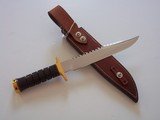 JEAN TANAZACQ VINTAGE "BAVI 2" CUSTOM SURVIVAL KNIFE LEATHER HANDLE WITH DEEP GROOVES BRASS HARDWARE SELDOM SEEN A RARITY TODAY! - 1 of 11