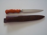 William R. Hurt Spear Point Fighter Integral Bolsters Tiger Stripes Curly Maple Handle Pouch Type African Kudu Wood-Lined Scabbard - 1 of 6
