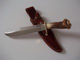 Randall Model # 12-9" Sportsman's Bowie Brass Lugged Guard, India Sambar Crown Stag Handle carved with a :Mountain Man," Stunning Piece! - 1 of 3