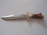 Randall Model # 12-9" Sportsman's Bowie Brass Lugged Guard, India Sambar Crown Stag Handle carved with a :Mountain Man," Stunning Piece! - 2 of 3