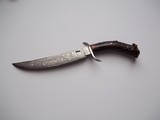 Chuck Patrick Damascus Bowie Mule Deer Crown Stag Handle carved with a Mountain Man - 1 of 3
