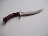 Chuck Patrick Damascus Bowie Mule Deer Crown Stag Handle carved with a Mountain Man - 3 of 3