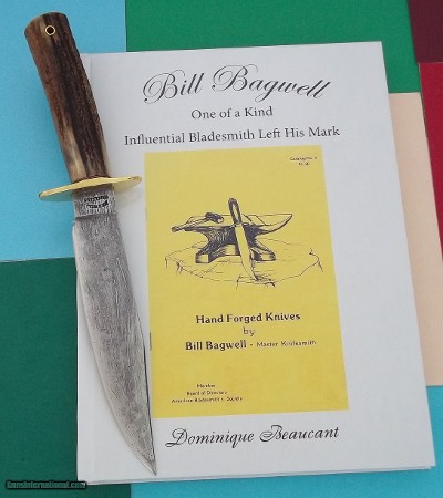 Bill Bagwell extremely rare "Stygian Damascus" Combat Bowie with ripple pattern, brass guard, stag handle January 1974