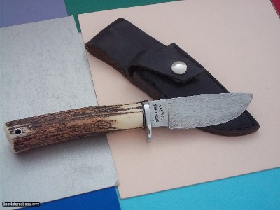 Bill Bagwell scarce "Ocean Wave" Damascus bladed skinner, German silver single guard, India Sambar stag handle 1977 production