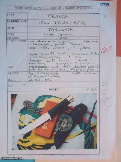 Jean Tanazacq The Dean of French Knifemakers Vintage Scarce Tantoka Prototype Black Micarta Handle June 22, 1986 Production.