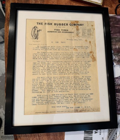 THE FISK TIRE COMPANY ORIGINAL Co. LETTER DATED 1915