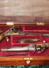 RARE MOST BEAUTIFUL PAIR OF ELABORATELY GOLD INLAID & FINELY ENGRAVED METAL SCOTTISH PISTOLS FROM MARSHALL & SONS EDINBURGH. SCOTLAND - 1 of 4