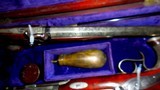 CASED PAIR OF ENGRAVED SILVER BARRELED & MOUNTED ENGLISH SAW HANDLE PREC. PISTOLS VG - 3 of 4