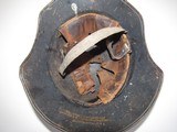 Beaded Luftschutz helmet , Original Blue flack gun battery, liner,rolled edge, partial insignia on front ,missing swastica, maker in back - 1 of 9