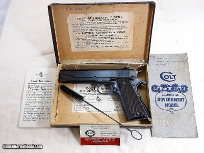 Colt Early Pre World War 2 Civilian Government Model 1911-A1 In Almost New Condition With Original Box And Papers